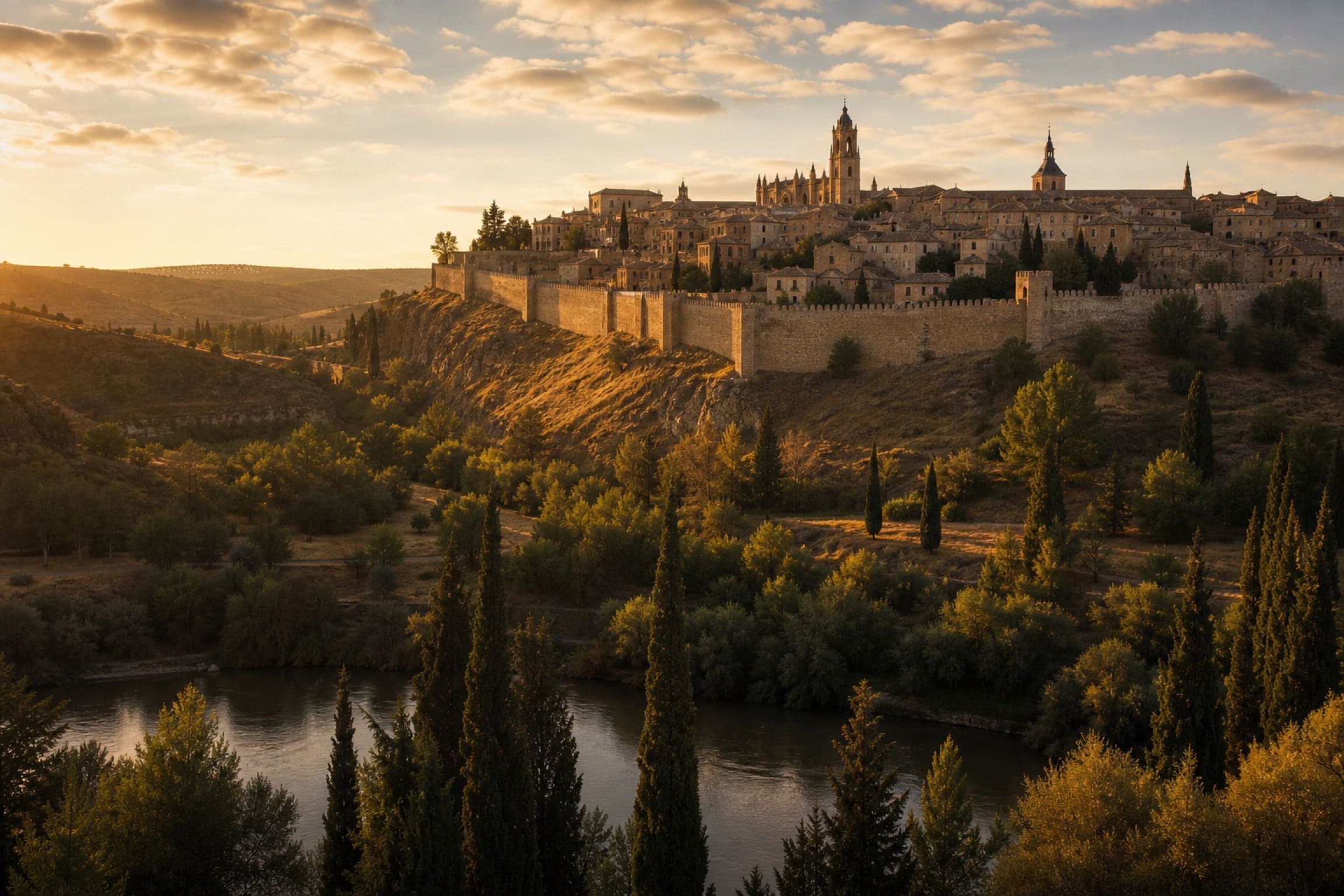 A walled hilltop town in Castile at golden hour, seen across a river valley