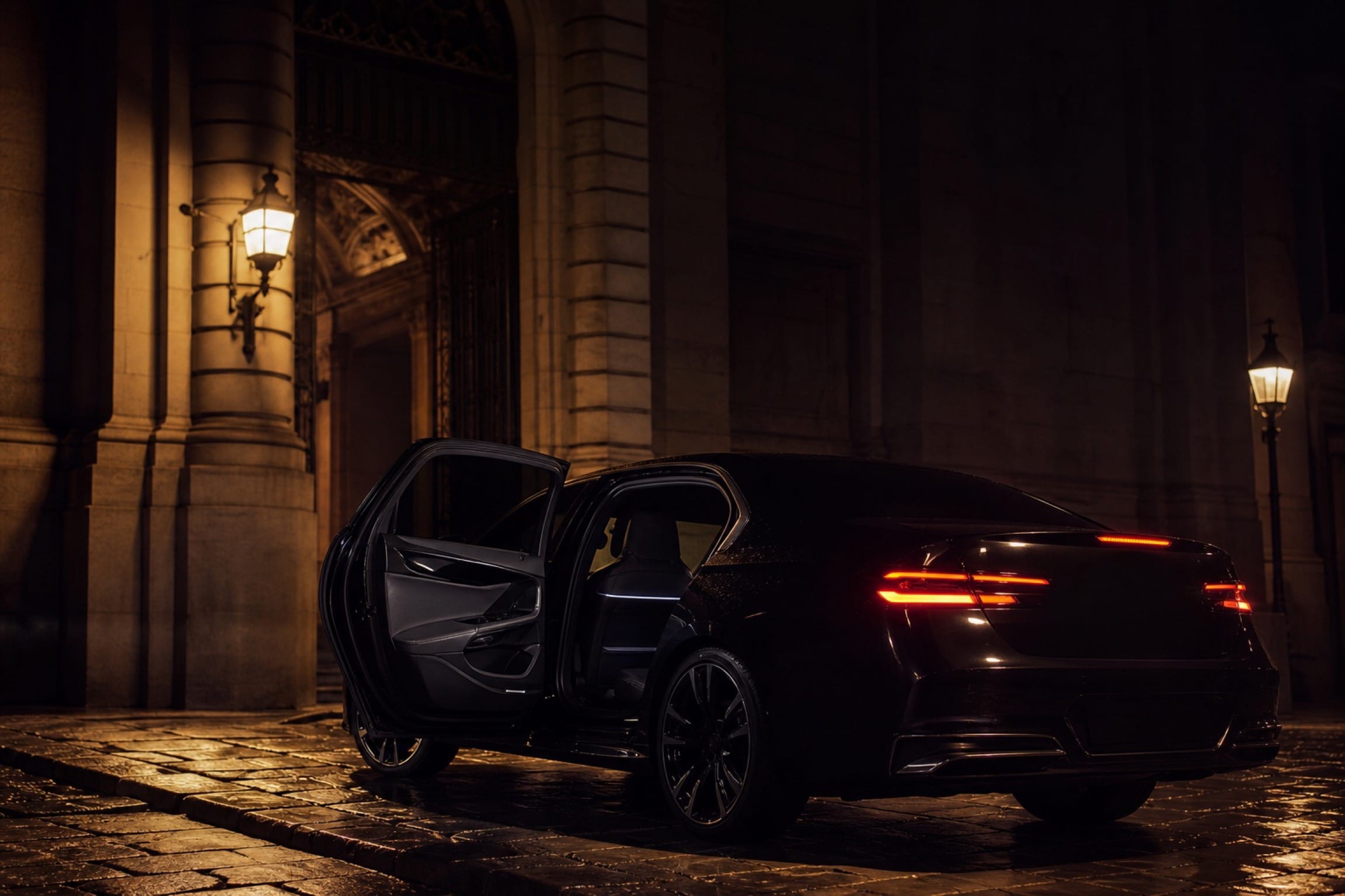 A car waiting at night outside a stone portal in Madrid, lamplight on wet cobbles