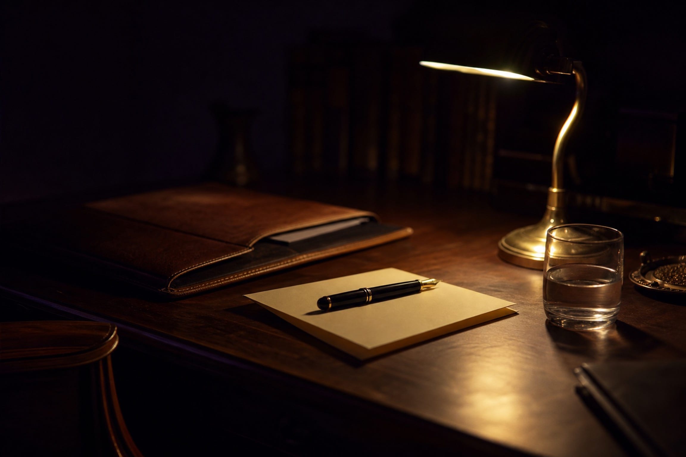 A writing desk at night lit by one brass lamp, a pen resting on a folded card