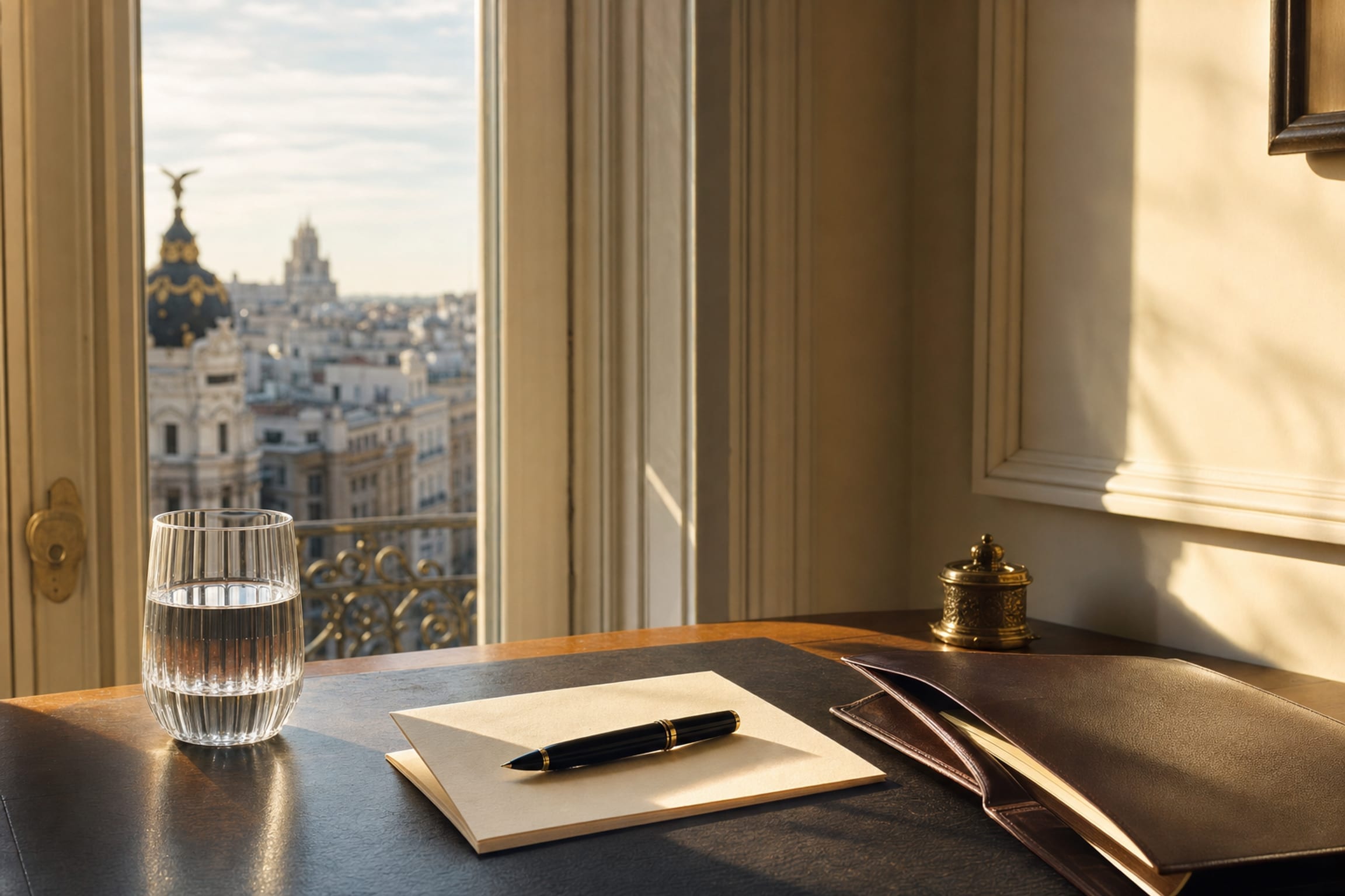 A writing desk at night lit by one brass lamp, a pen resting on a folded card