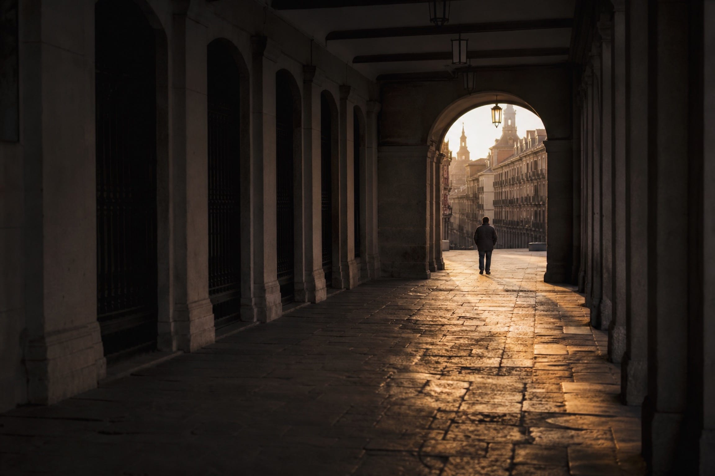 Soportales de piedra en el Madrid antiguo a primera luz, una figura caminando a lo lejos