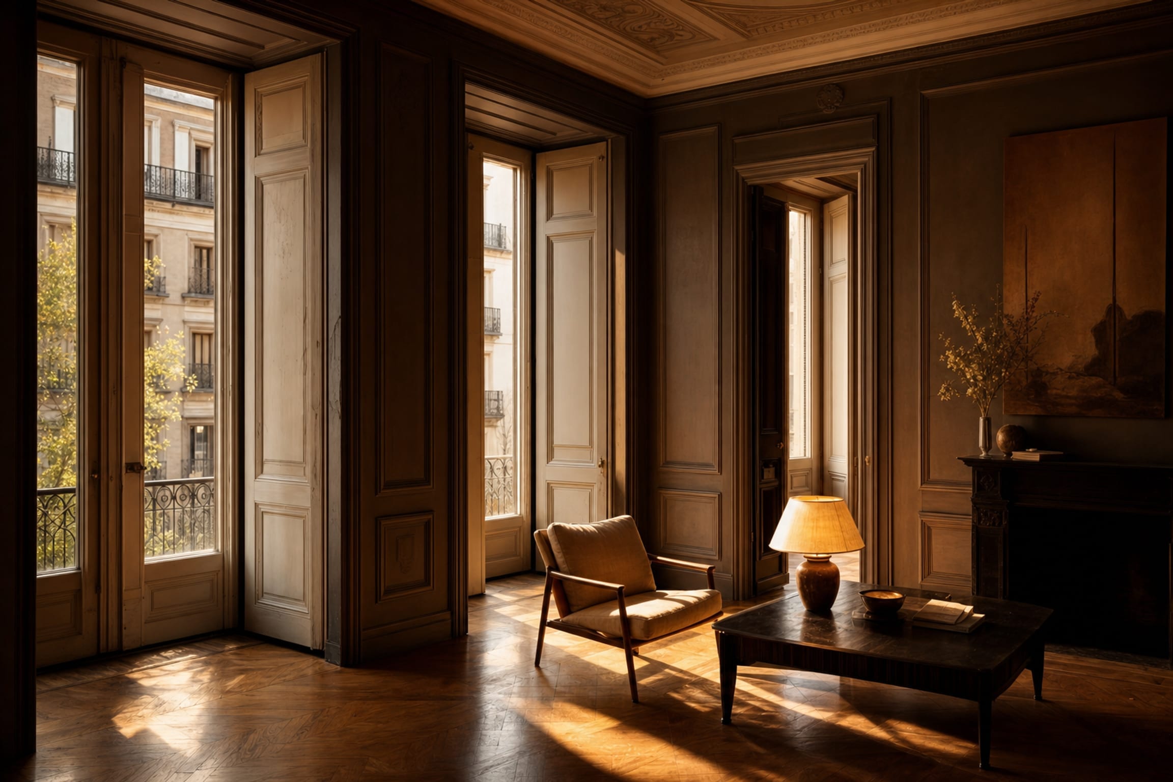 A quiet private salon in a historic Madrid building at night, one lamp lit
