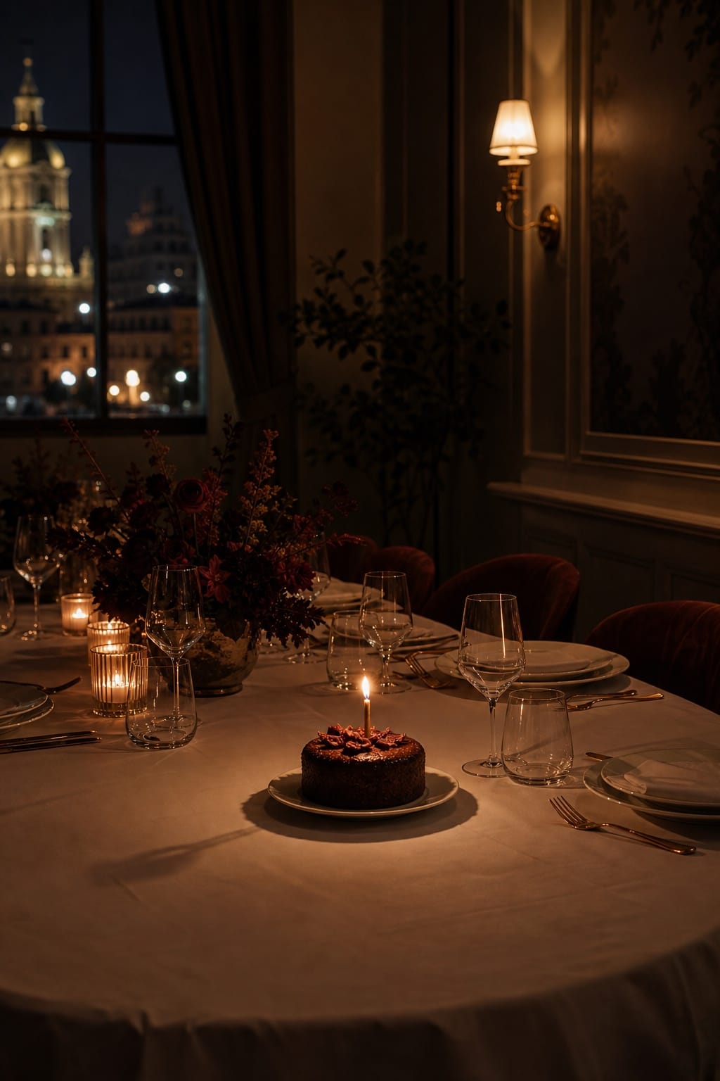 Una tarta con una vela encendida sobre mantel blanco en un comedor privado