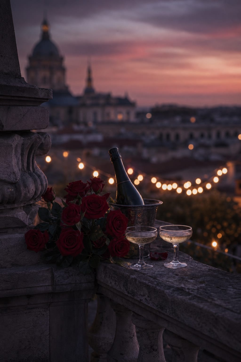 Roses and two glasses on a stone balustrade at dusk, city rooftops behind