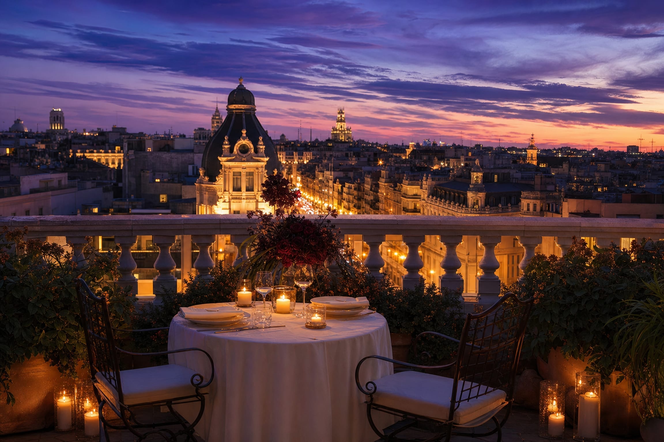 A candlelit table for two on a private Madrid terrace at night, the city glowing below