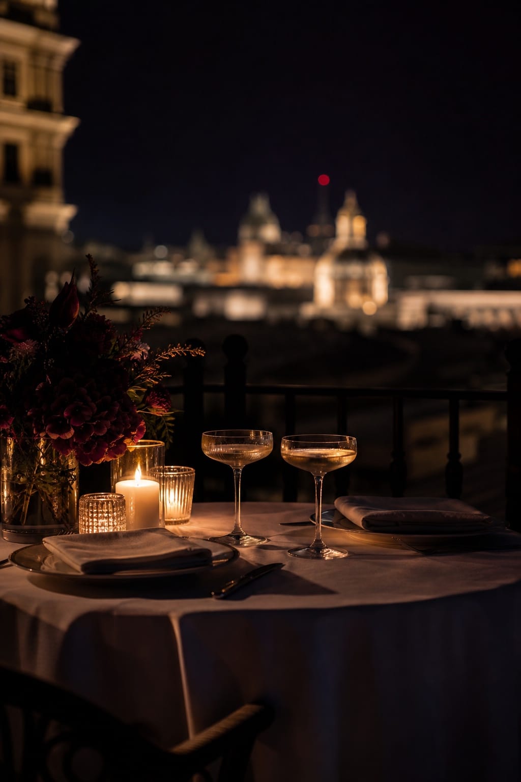 A candlelit table set for two on a private terrace at night
