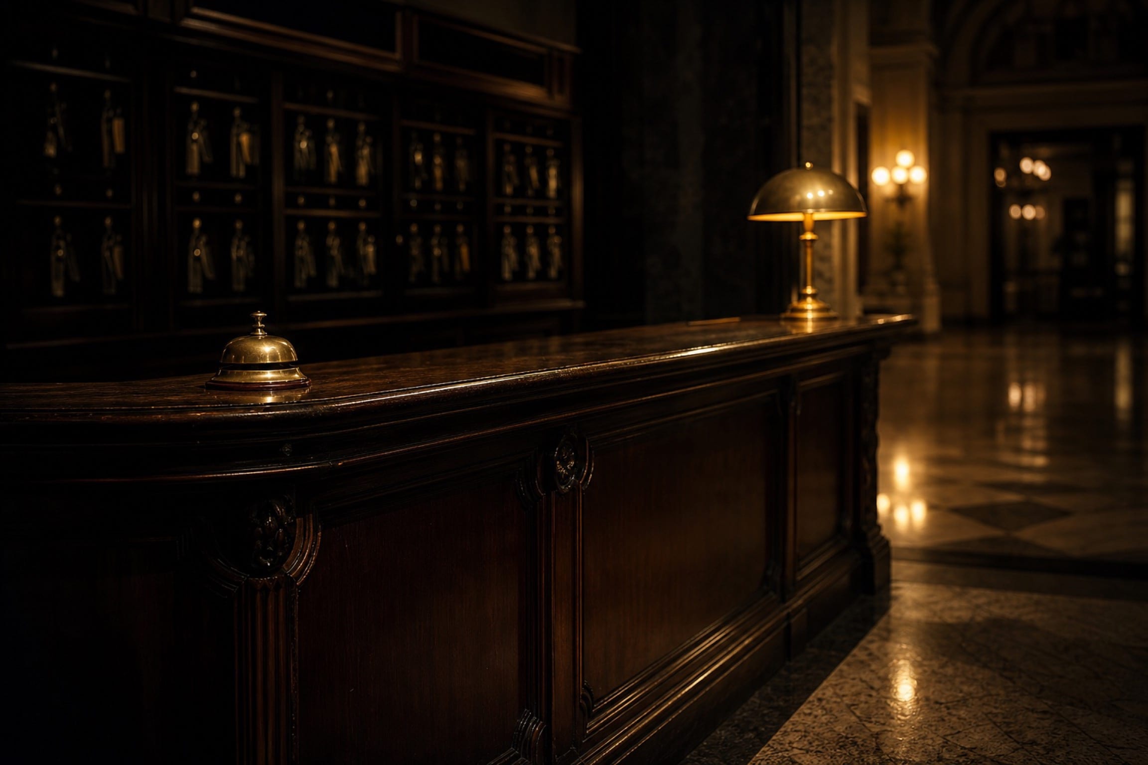 An empty hotel concierge desk at night, a brass bell and a lit lamp on dark wood